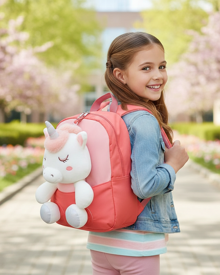 coral plush unicorn backpack - in-use