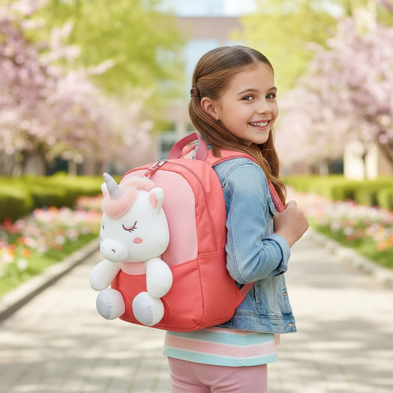 coral plush unicorn backpack - in-use