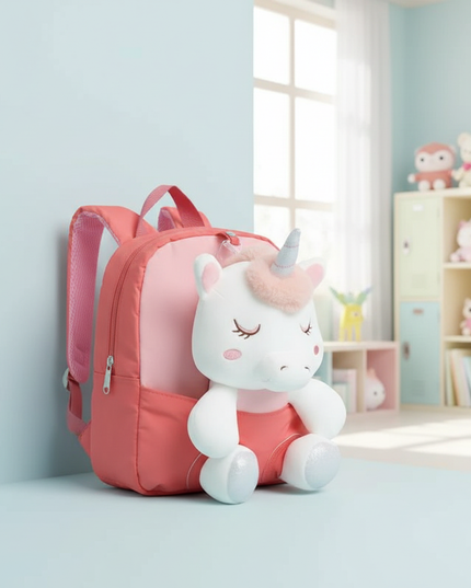 coral plush unicorn backpack - lifestyle
