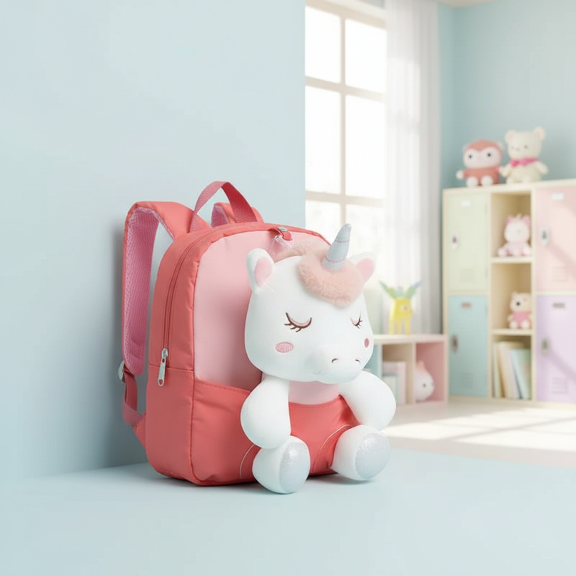 coral plush unicorn backpack - lifestyle