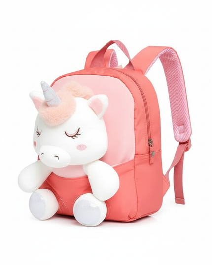 coral plush unicorn backpack - white-bg