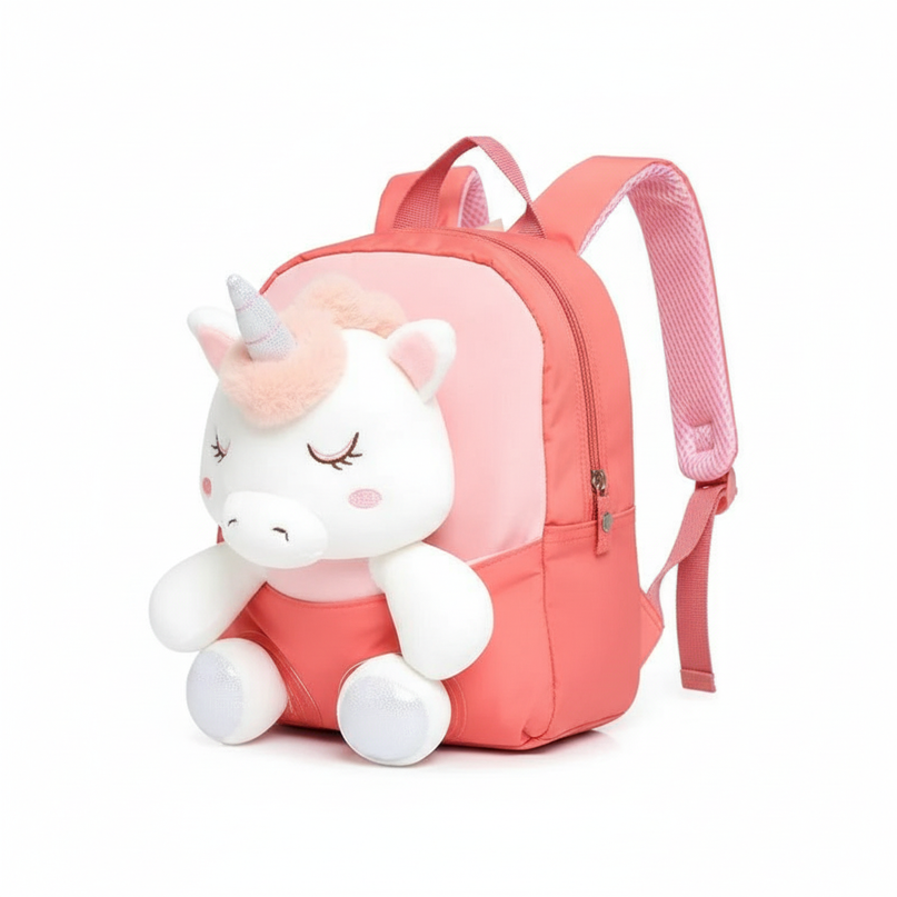 coral plush unicorn backpack - white-bg