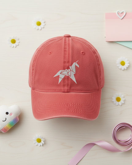 coral unicorn cap - flat-lay