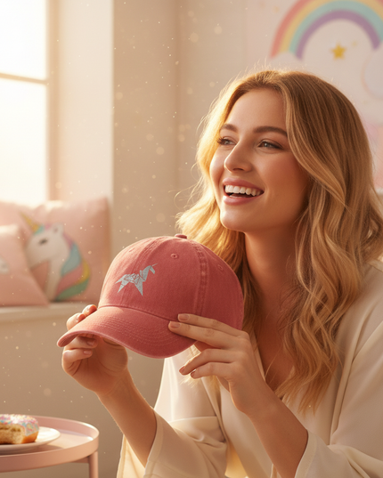 coral unicorn cap - in-use