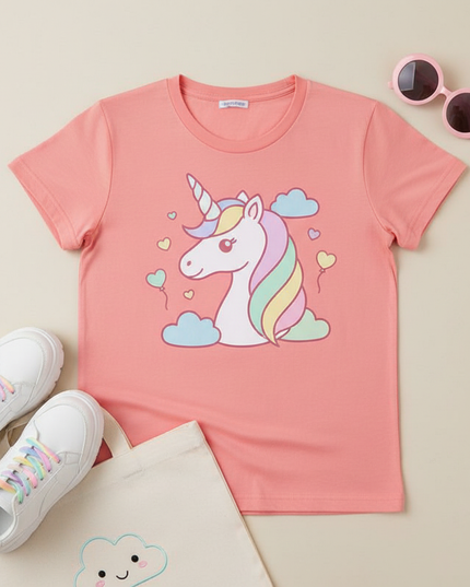 coral unicorn shirt - flat-lay
