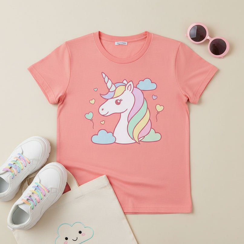 coral unicorn shirt - flat-lay