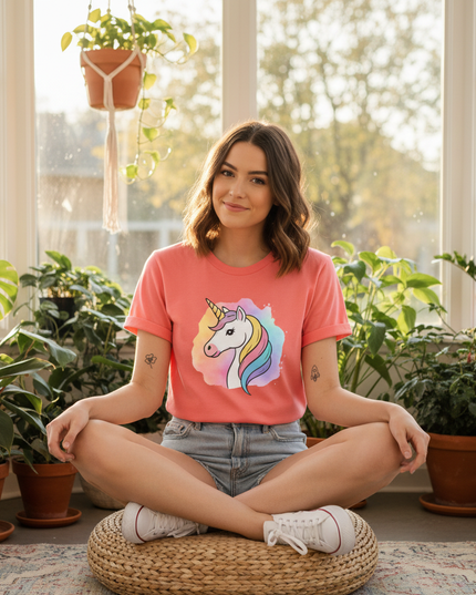 coral unicorn shirt - in-use