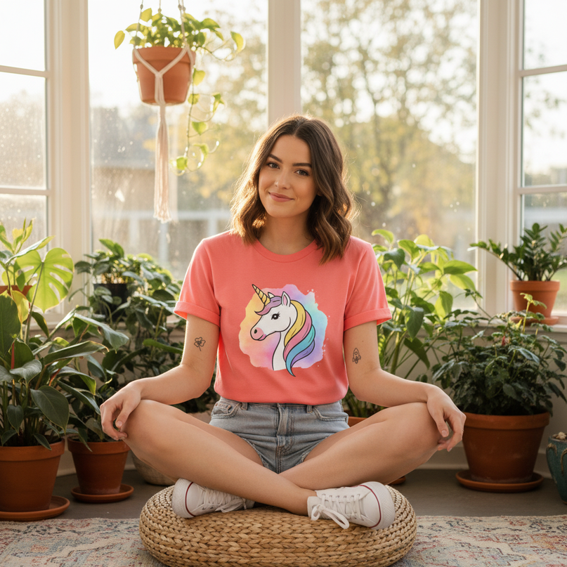 coral unicorn shirt - in-use