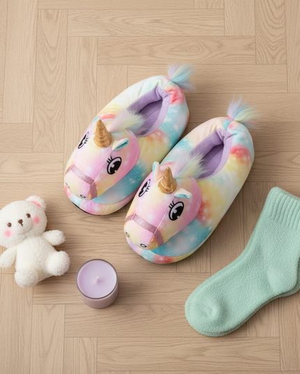 cosmic unicorn slippers - flat-lay