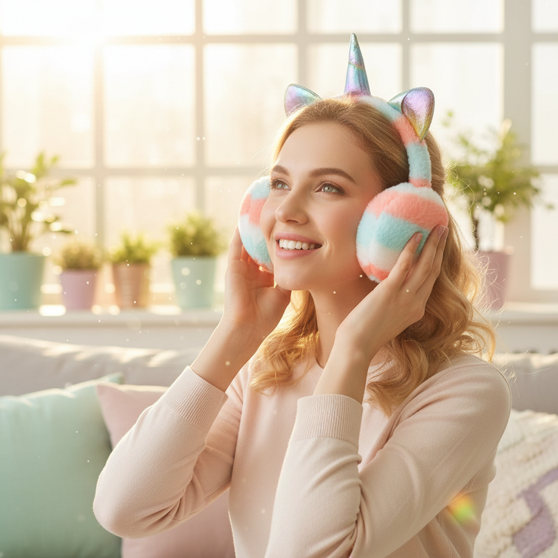 cozy unicorn earmuffs - in-use