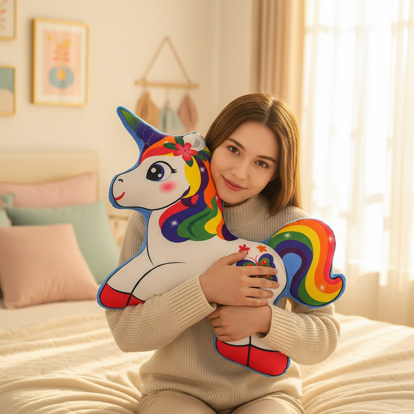 cozy unicorn plush pillow - in-use