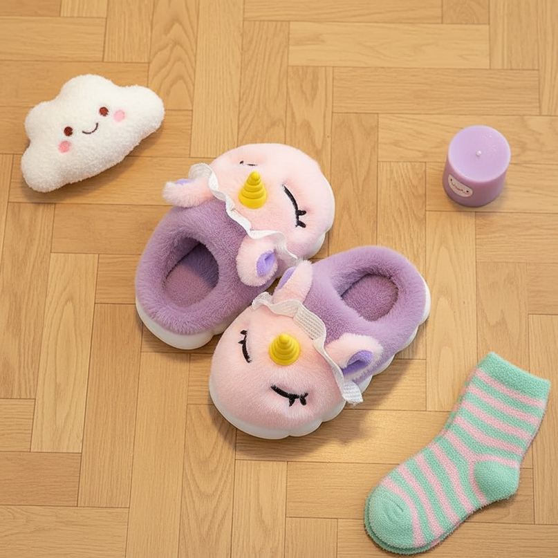cozy unicorn slippers - flat-lay