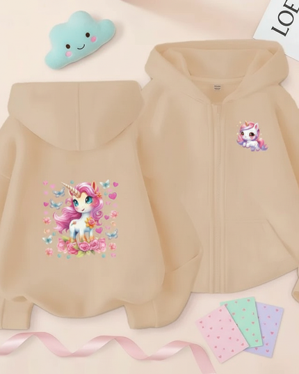 cream unicorn zip hoodie - flat-lay