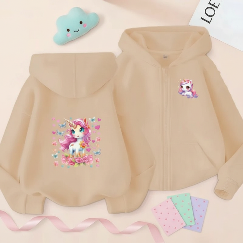 cream unicorn zip hoodie - flat-lay