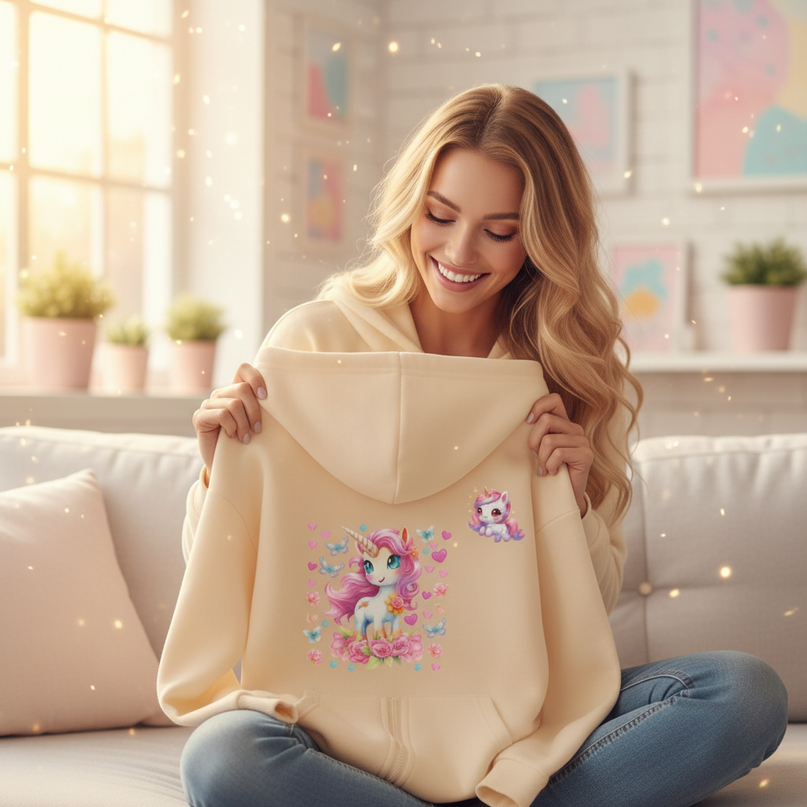 cream unicorn zip hoodie - in-use