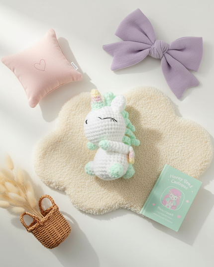 crochet unicorn plush - flat-lay