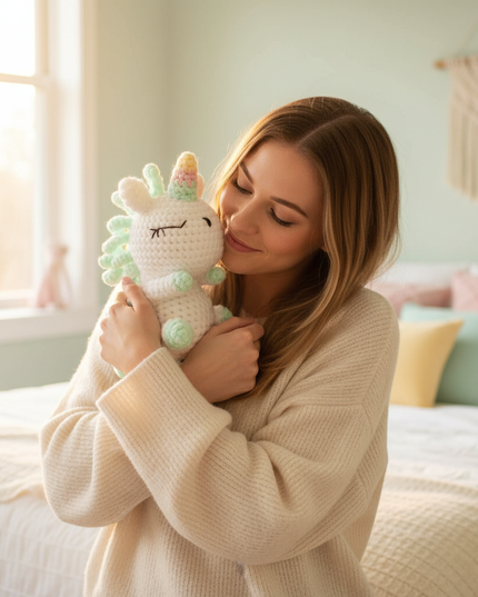 crochet unicorn plush - in-use