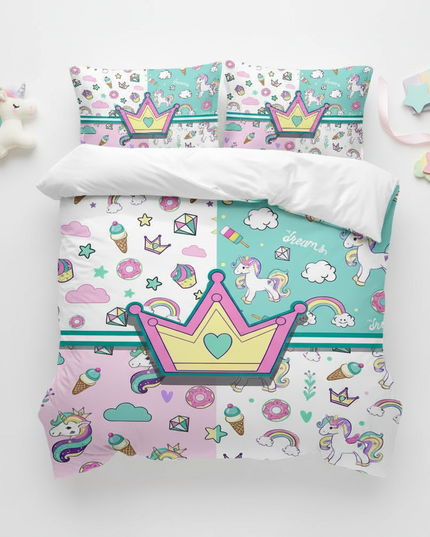 crown dreams unicorn bedding - flat-lay