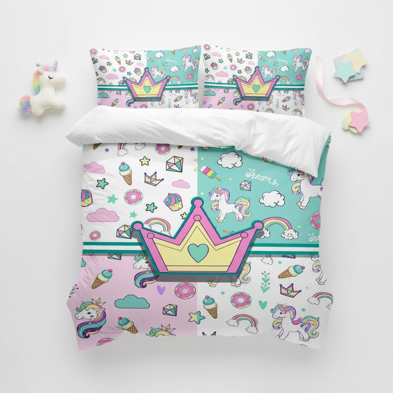 crown dreams unicorn bedding - flat-lay