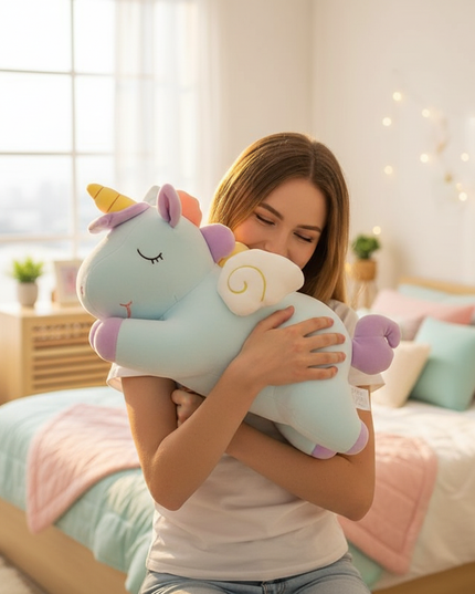 cuddly pink unicorn plush - in-use