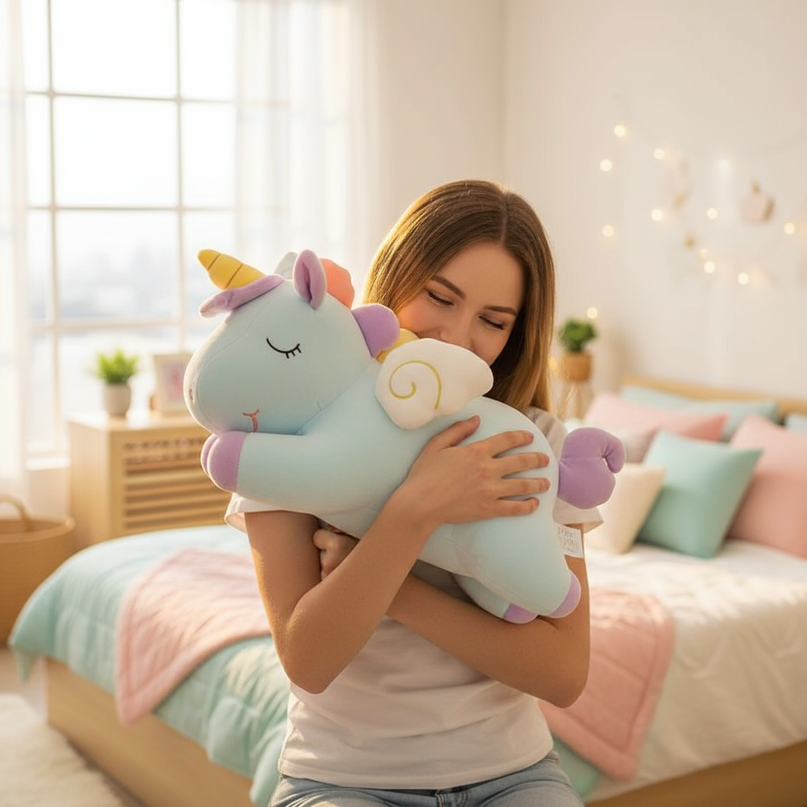 cuddly pink unicorn plush - in-use