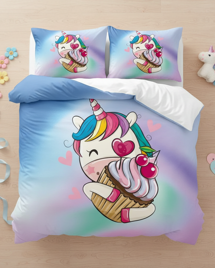cupcake cherry unicorn bedding - flat-lay