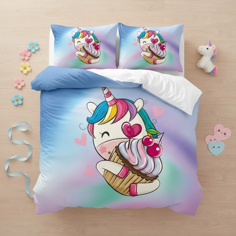 cupcake cherry unicorn bedding - flat-lay