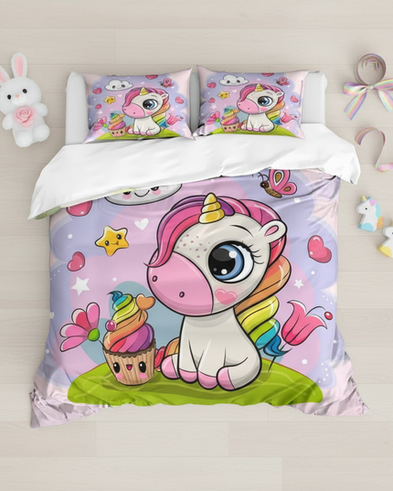 cupcake unicorn bedding - flat-lay
