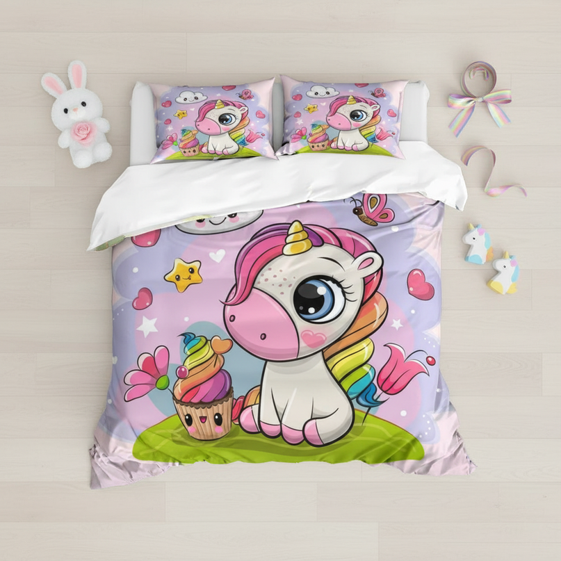 cupcake unicorn bedding - flat-lay