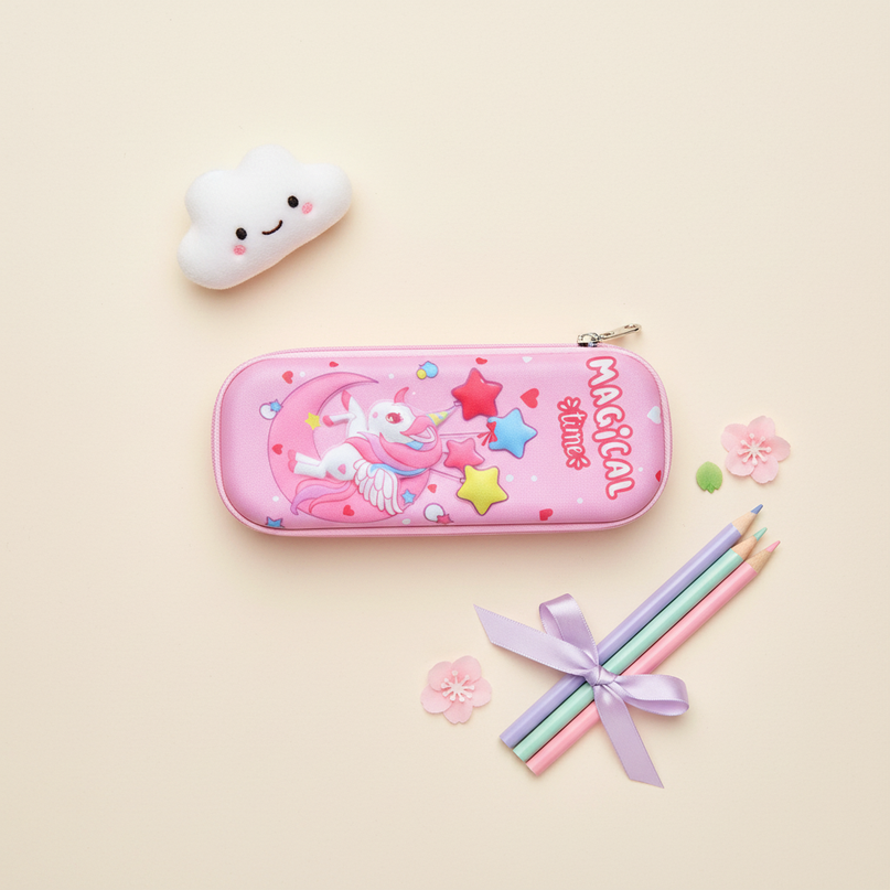 curly unicorn pencil case - flat-lay