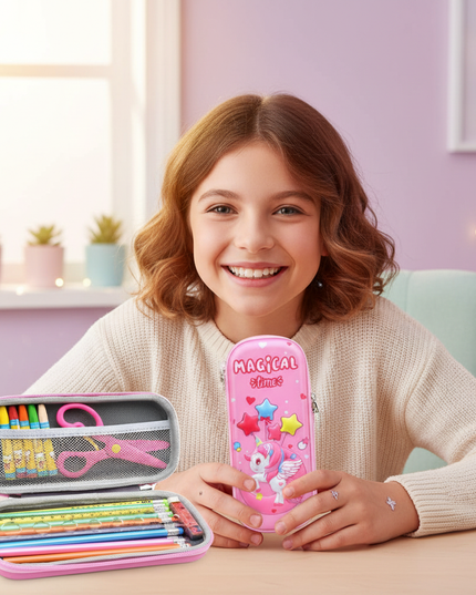 curly unicorn pencil case - in-use