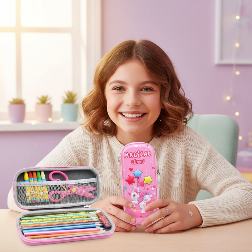 curly unicorn pencil case - in-use