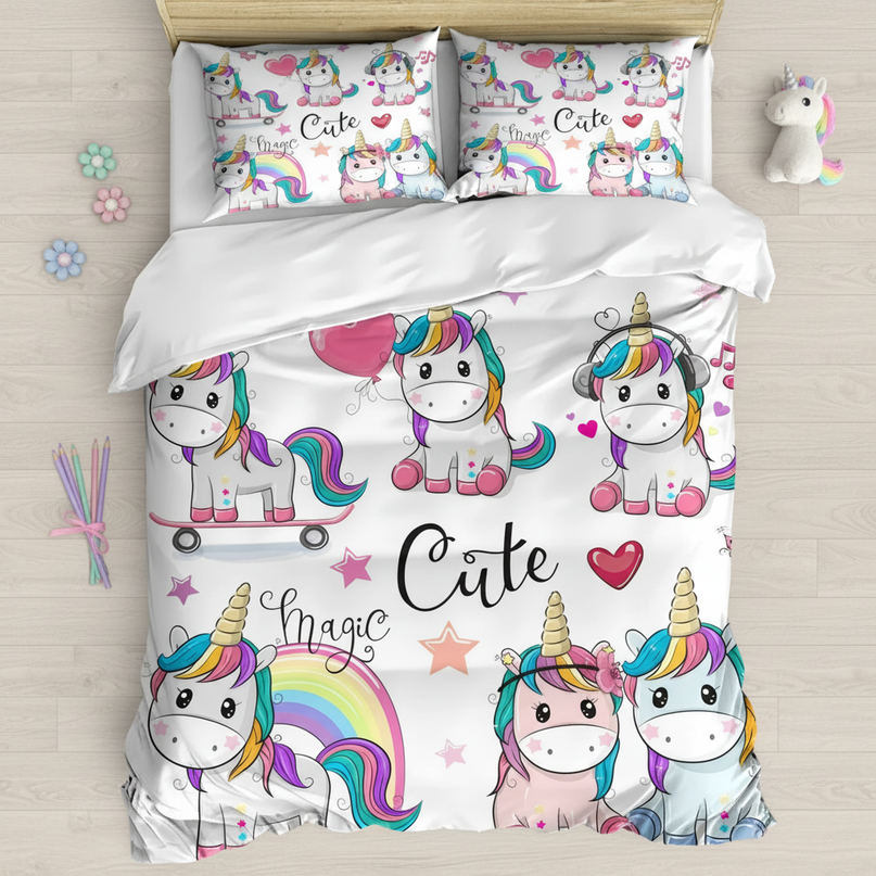 cute magic unicorn bedding - flat-lay