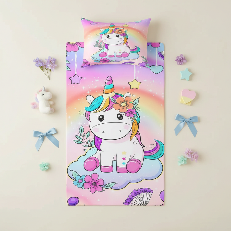 cute unicorn bed sheet set - flat-lay