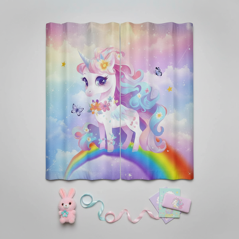 cute unicorn curtains - flat-lay