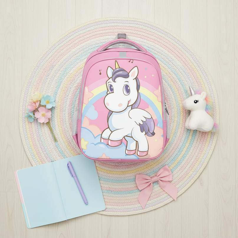 cute unicorn kids school backpack - flat-lay
