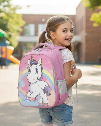 cute unicorn kids school backpack - in-use