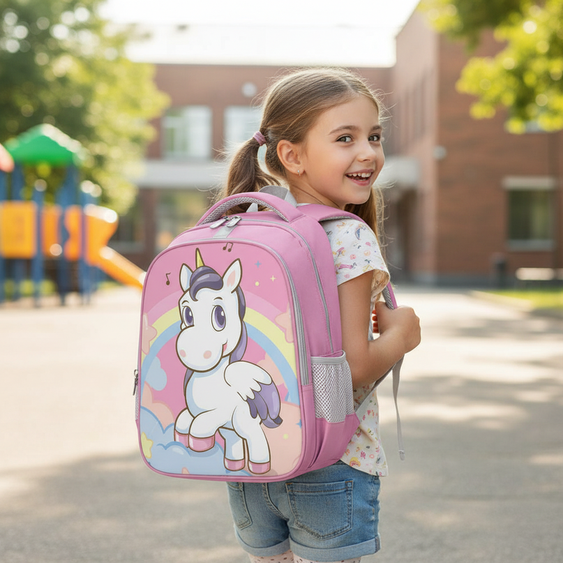 cute unicorn kids school backpack - in-use