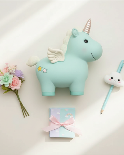 cute unicorn piggy bank - flat-lay