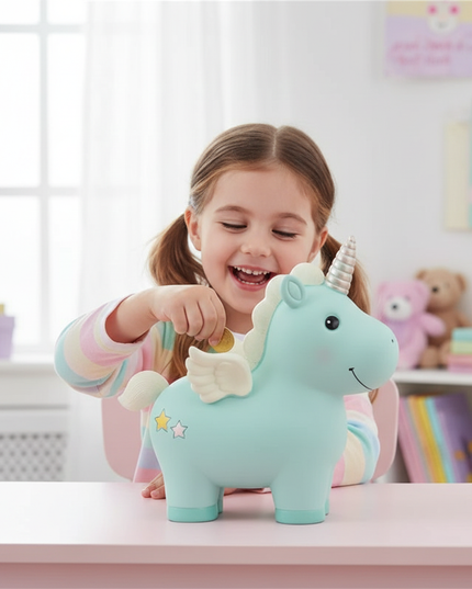 cute unicorn piggy bank - in-use