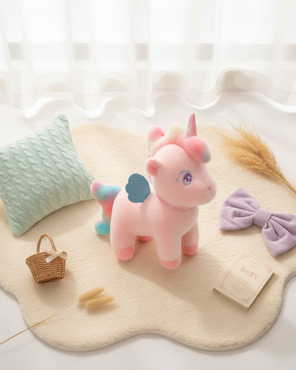 cute unicorn stuffed animal - flat-lay