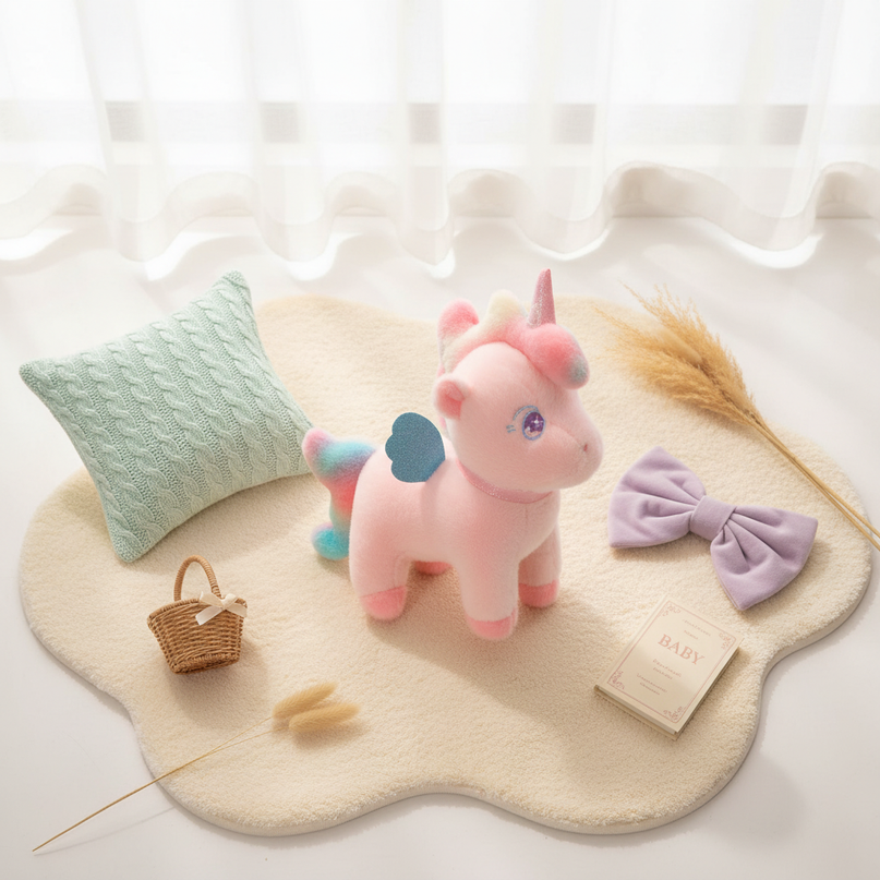 cute unicorn stuffed animal - flat-lay