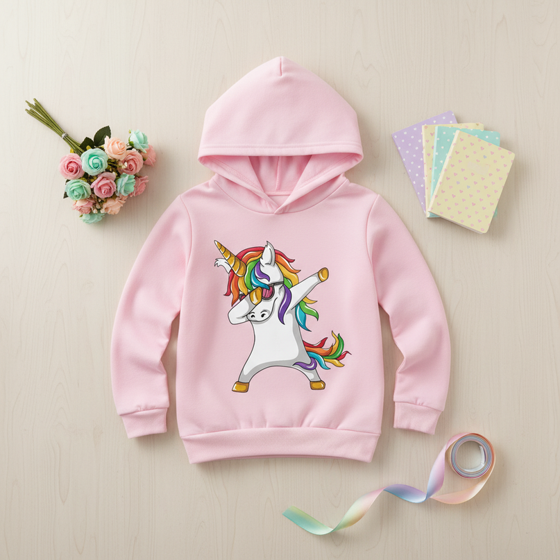 dabbing unicorn hoodie kids - flat-lay