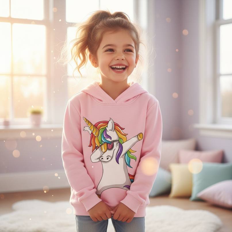dabbing unicorn hoodie kids - in-use