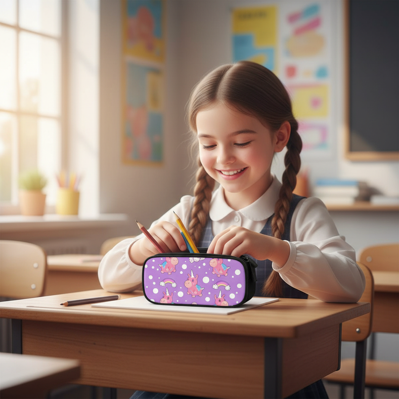 dabbing unicorn pencil case - in-use