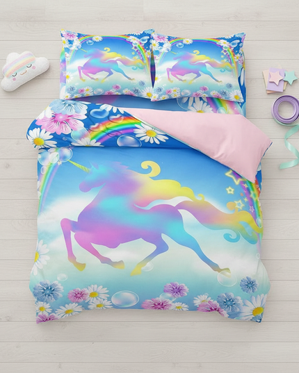 daisy rainbow unicorn bedding - flat-lay
