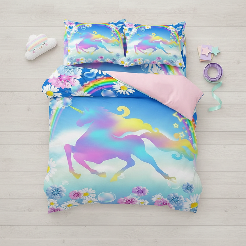 daisy rainbow unicorn bedding - flat-lay