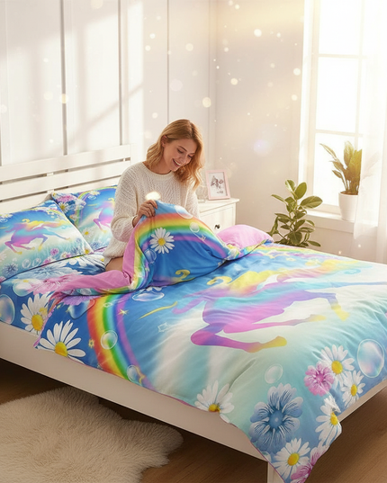 daisy rainbow unicorn bedding - in-use