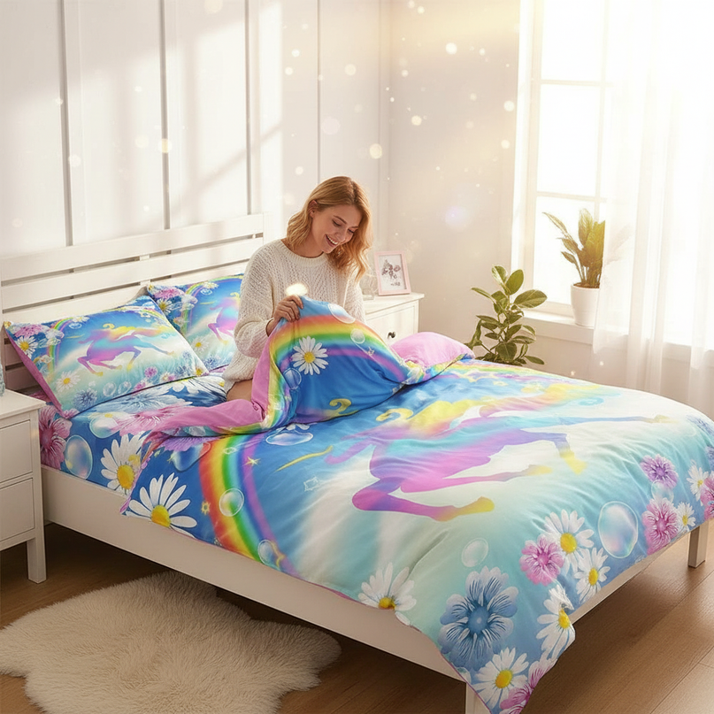 daisy rainbow unicorn bedding - in-use