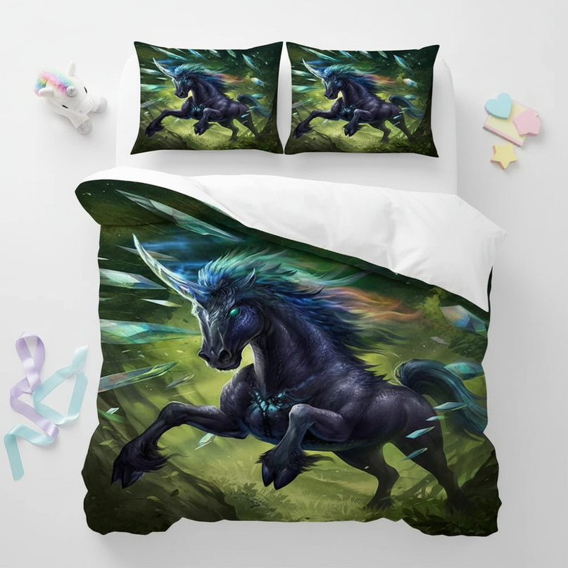 dark crystal unicorn bedding - flat-lay